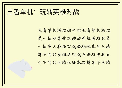 王者单机：玩转英雄对战